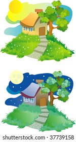 rural small house on a hill (day and night)