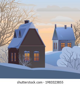 Rural small house in winter. Landscape. Christmas evening. Neighbour. Quiet winter evening. The gable roof is covered with snow. Nice suburban village. Flat cartoon style. Vector art