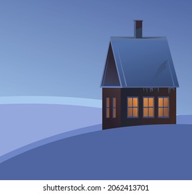 Rural small house in winter. Landscape. Christmas night. Quiet winter evening. The gable roof is covered with snow. Nice and cozy suburban village. Flat cartoon style. Vector art.