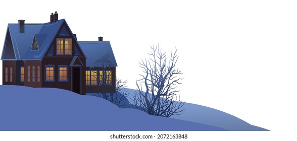 Rural small house in winter. Landscape. Christmas night. Quiet winter evening. The gable roof is covered with snow. Isolated. Cozy suburban village. Flat cartoon style. Vector art