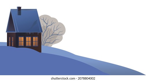 Rural small house in winter. Landscape. Christmas night. Quiet winter evening. Gable roof is covered with snow. Suburban village. Flat cartoon style. Isolated Vector art.