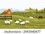 Rural spring landscape countryside with farm field with green grass, flowers, trees. Farmland with house and windmill. With farm animals horse and sheep. Outdoor village scenery. Vector background.