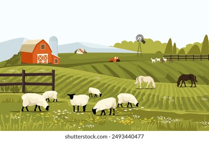 Campo rural de paisaje primaveral con campo de granja con hierba verde, flores, árboles. Terreno agrícola con casa y molino. Con animales de granja, caballos y ovejas. Paisaje de pueblo al aire libre. Fondo de Vector.