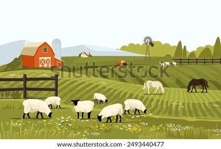 Rural spring landscape countryside with farm field with green grass, flowers, trees. Farmland with house and windmill. With farm animals horse and sheep. Outdoor village scenery. Vector background.