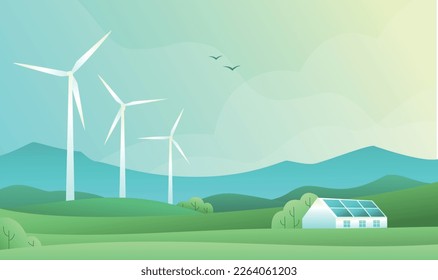 Rural spring landscape with fields, hills, wind turbine and barn or house with solar panels. Vector illustration of countryside. Green energy concept. Clean electric energy from renewable sources