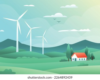 Rural spring landscape with fields, hills, wind turbine and house surrounded by cypresses. Vector illustration of countryside. Green energy concept. Clean electric energy from renewable sources