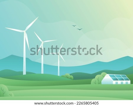 Rural spring landscape with fields, hills, wind turbine and barn or house with solar panels. Vector illustration of countryside. Green energy concept. Clean electric energy from renewable sources