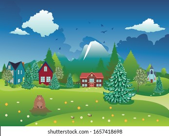 Rural spring landscape with houses, mountain and cute groundhog illustration.