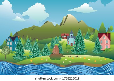 Rural spring landscape with houses, mountain and cute groundhog illustration.