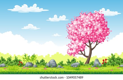 Rural spring landscape with tree and flowers