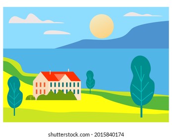 Rural spring, summer landscape field, hills, coast ocean, sea, mountaine, horizon. Countryside nature minimal flat style illustration