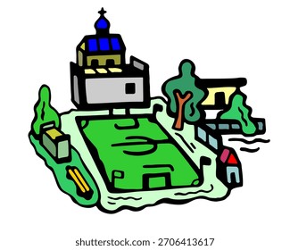Estadio rural en verano, con infraestructura adyacente. Ilustración de color de Vector en estilo de dibujo a mano alzada sobre un fondo aislado blanco