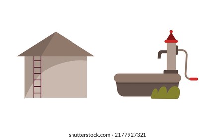 Estructura de piedra rural con agua subterránea y depósito de metal conjunto de iluminación