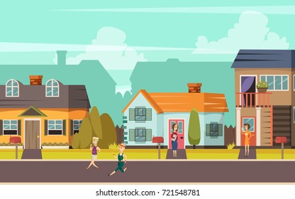 Rural street orthogonal background with cottages playing children and communicating neighbors flat vector illustration