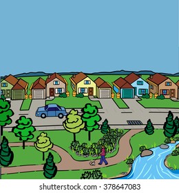 Rural street suburb with row houses & a park with trees in front with someone walking a dog & a stream or river flows to the foreground