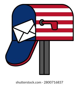 Rural style metal mailbox with mail envelope inside and red white and blue flag pattern.