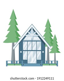 Casa rural o suburbana o pequeña de color azul y varias ventanas en el bosque. Vector de casas.