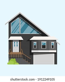 Rural or suburban or tiny house with dark color, several windows and garage. Houses vector.