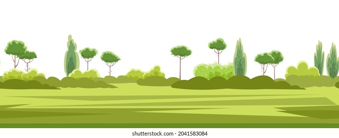 Bonito paisaje de verano rural. Llanto de árboles y arbustos en el horizonte. Sin inconveniente. Estilo de caricatura. Belleza romántica. Aislado en fondo blanco. Ilustración de diseño plano. Arte vectorial.