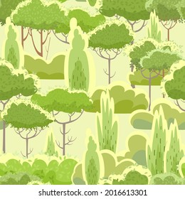 Rural summer beautiful landscape. Seamless pattern. Cartoon style. Trees and shrubs. Romantic beauty. Background. Flat design illustration. Vector art