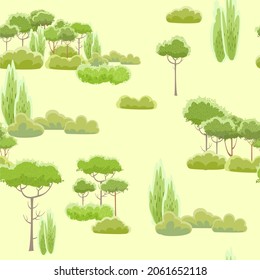 Rural summer beautiful landscape. Seamless pattern. Meadow. Cartoon style. Trees and shrubs. Romantic beauty. Background. Flat design illustration. Vector art.