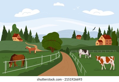 Rural summer landscape. Countryside with hills and village, cows and horses. Farm fieldwith animals. Vector illustration.