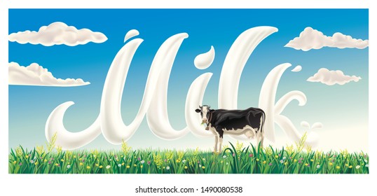 Rural summer landscape with cow among flowering grasses and with the inscription and clouds in the background.