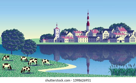 Rural Summer Landscape With Cows, Meadow, Trees, River And Small Town In The Background. Handmade Drawing Vector Illustration. Flat Design. Pop Art Style. All Objects Are Grouped Into Different Layers