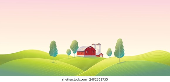 Paisaje rural de verano con una granja y campos agrícolas en las colinas. Ilustración rasterizada.