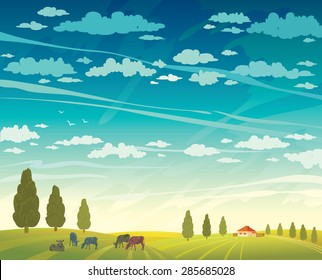 Rural summer landscape - herd of cows and green field with trees on a cloudy sky background. Vector nature illustration.