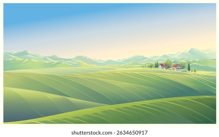 Rural summer landscape with hills, village, and moutnaihills ridge. Vector illustration.