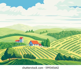 Rural summer landscape with hills and village.