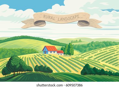 Rural summer landscape with hills and village. Ribbon for the signature.