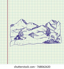 Rural summer landscape with hills and village. Hand drawn vector illustration