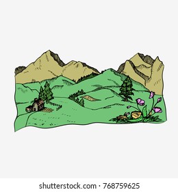 Rural summer landscape with hills and village. Hand drawn vector illustration