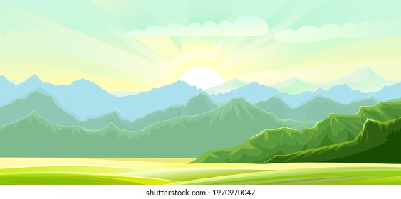 Rural summer landscape. Nice view of the horizon. Fields, meadows and green grassy pastures. Bright sun with rays. Morning beautiful scenery. Vector