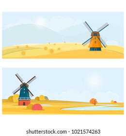 Rural summer landscape with a old windmill. Vector illustration
