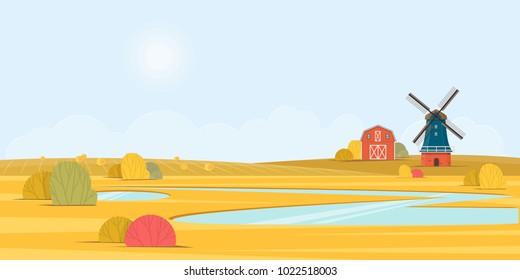 Rural summer landscape with a old windmill. Vector illustration