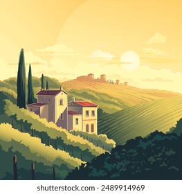 El paisaje rural de verano es (presumiblemente europeo), con plantaciones de uva y edificios provinciales. Ilustración vectorial.