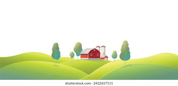 Rural summer landscape with a read farm and agricultural fields on hills. Vector illustration.