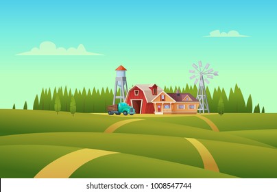 Rural summer landscape with a red shed farm, house, truck, water tower and windmill