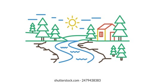 Paisaje rural de verano con río, pinar y casa, línea icono Ilustración vectorial