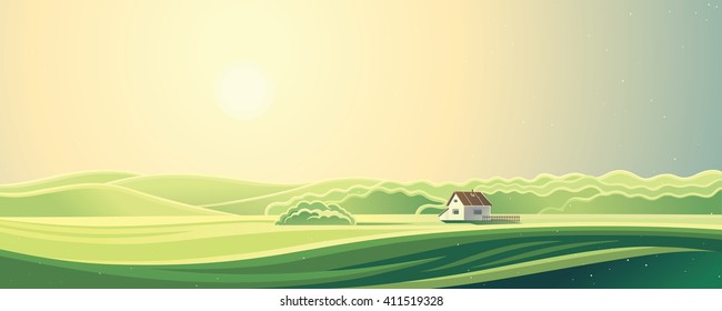 Rural summer landscape, sunrise morning, with one house.