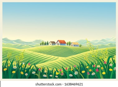 Rural summer landscape with village   and flowers grass in the foreground.