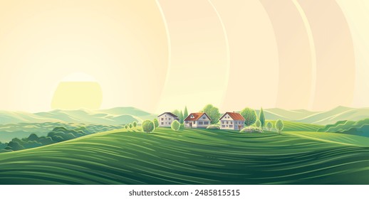 Rural summer landscape with village, and hills from background. Vector illustration.