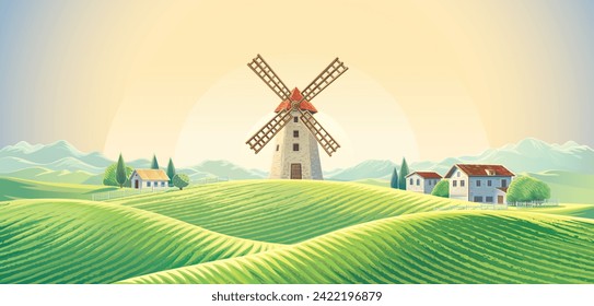 Rural summer landscape with of a village and with a windmill standing on a hill, in the dawn of sun. Vector illustration.