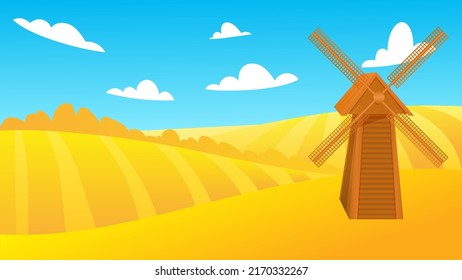 Rural summer landscape with a windmill in field of ripe wheat on the hills and valleys in the background. Vector illustration with golden grain fields and mill. Farm autumn harvest