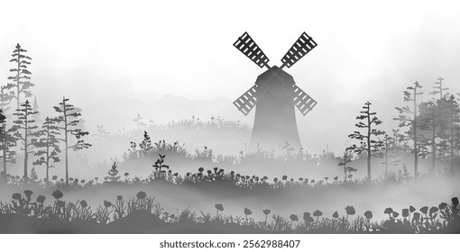 Rural summer landscape with windmill inside the fog. Vector silhouette illustration. Early hazy morning.
