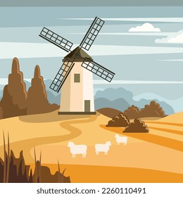 Rural summer landscape with windmill and sheep farm in green field.