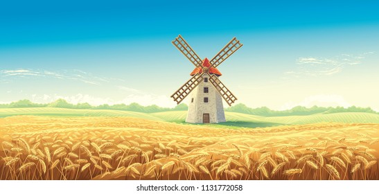 Rural summer landscape with windmill and wheat field. Vector illustration.